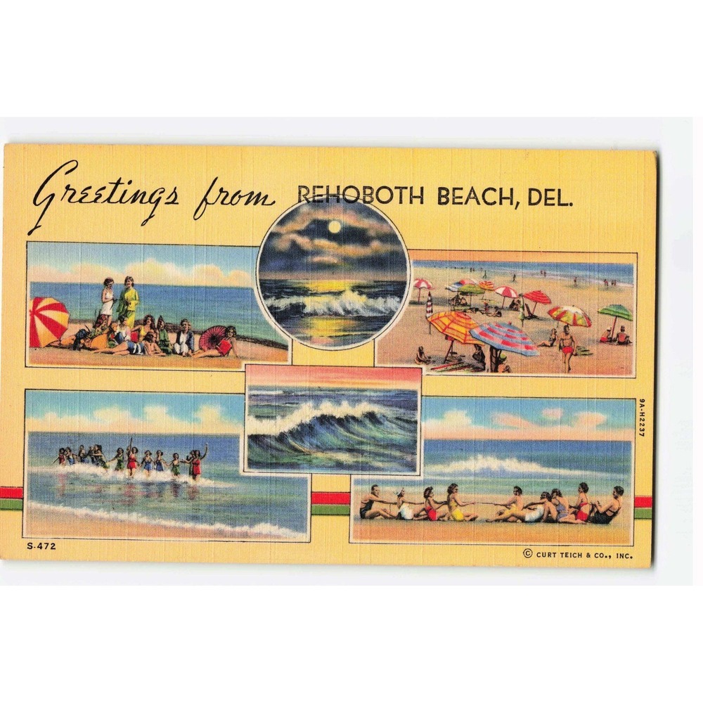 Vintage Rehoboth Beach Delaware Linen Postcard Curt Teich Multi-View S-472